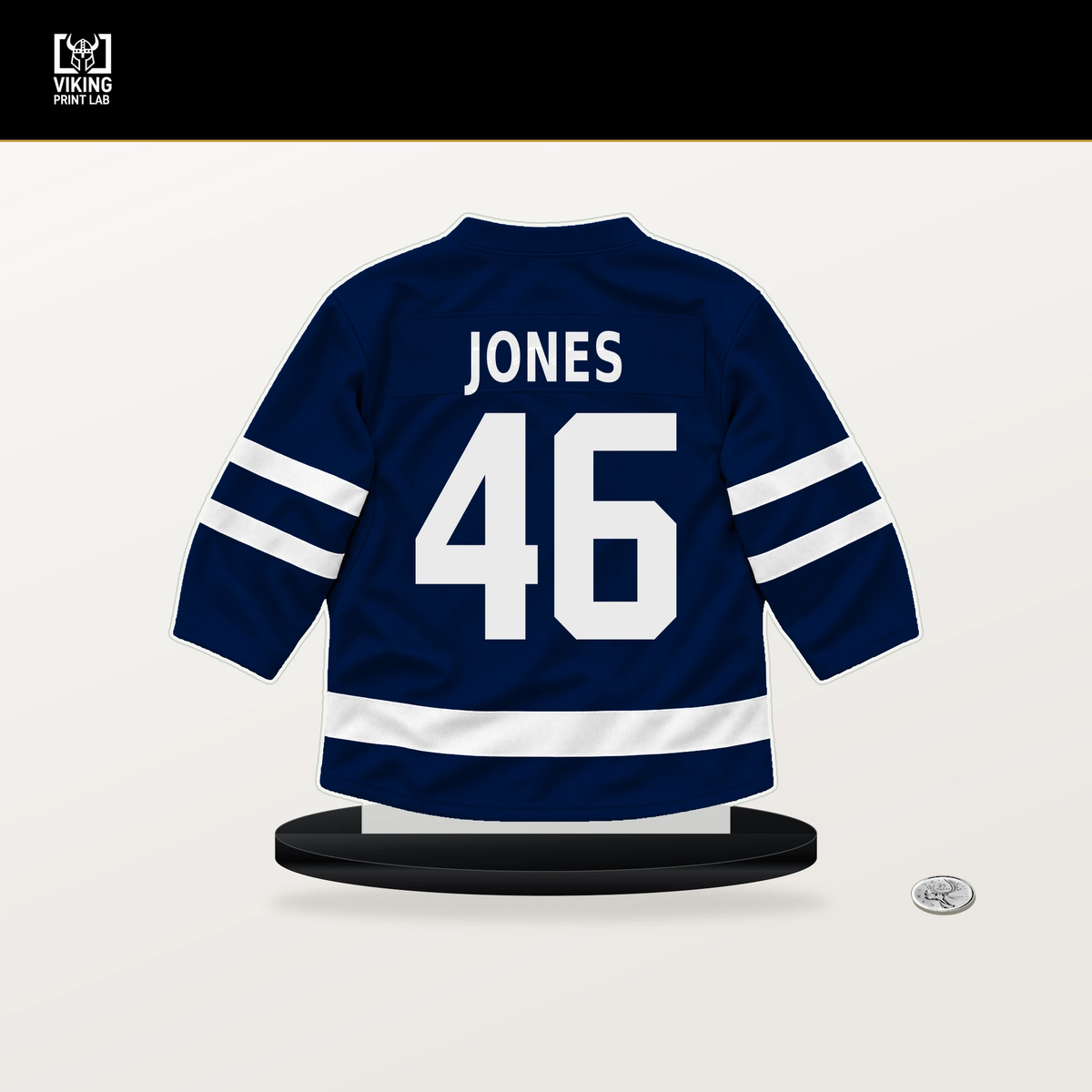 Max Jones number 46 Edmonton Oilers jersey stand with included black base.