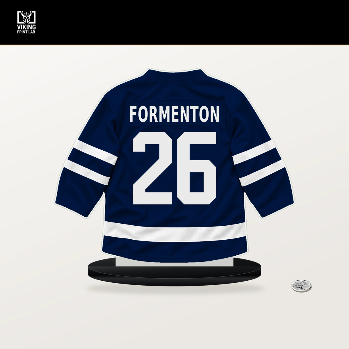 Alex Formenton number 26 Edmonton Oilers jersey stand with included black base.