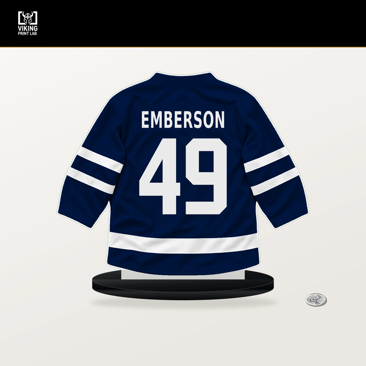 Ty Emberson number 49 Edmonton Oilers jersey stand with included black base.