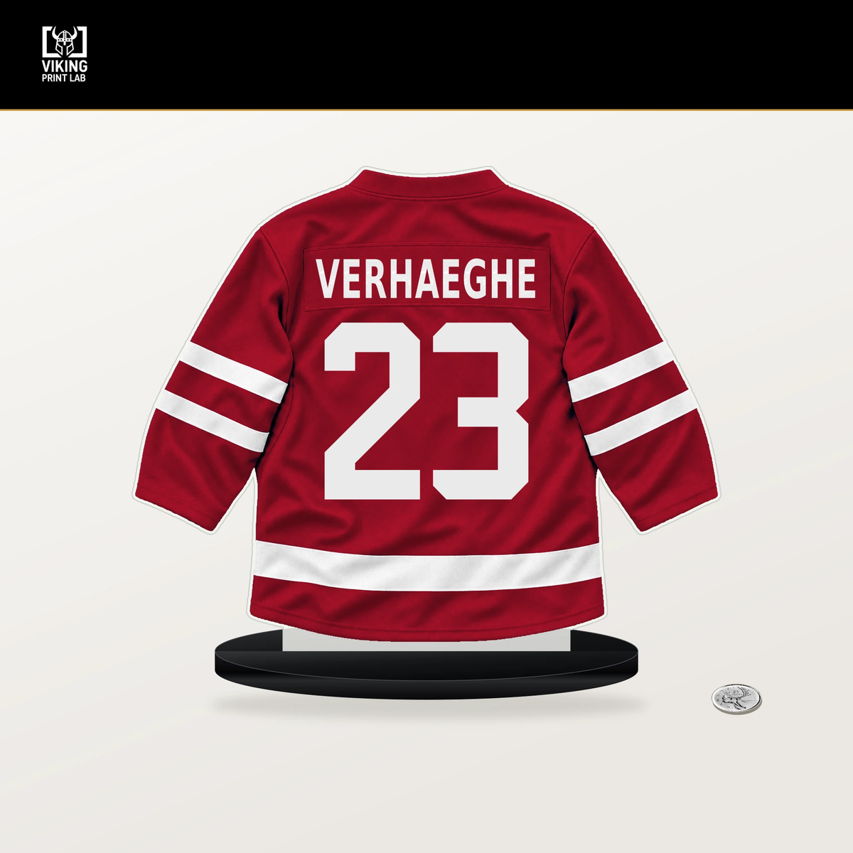 Carter Verhaeghe number 23 Florida Panthers jersey stand with included black base.