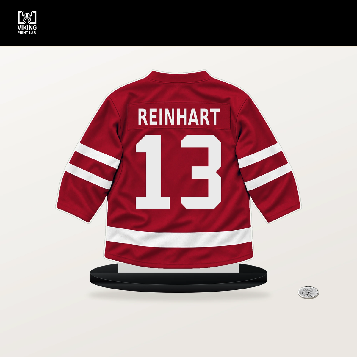 Sam Reinhart number 13 Florida Panthers jersey stand with included black base.