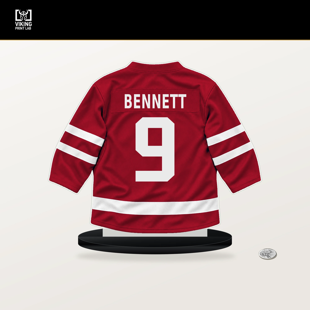 Sam Bennett number 9 Florida Panthers jersey stand with included black base.