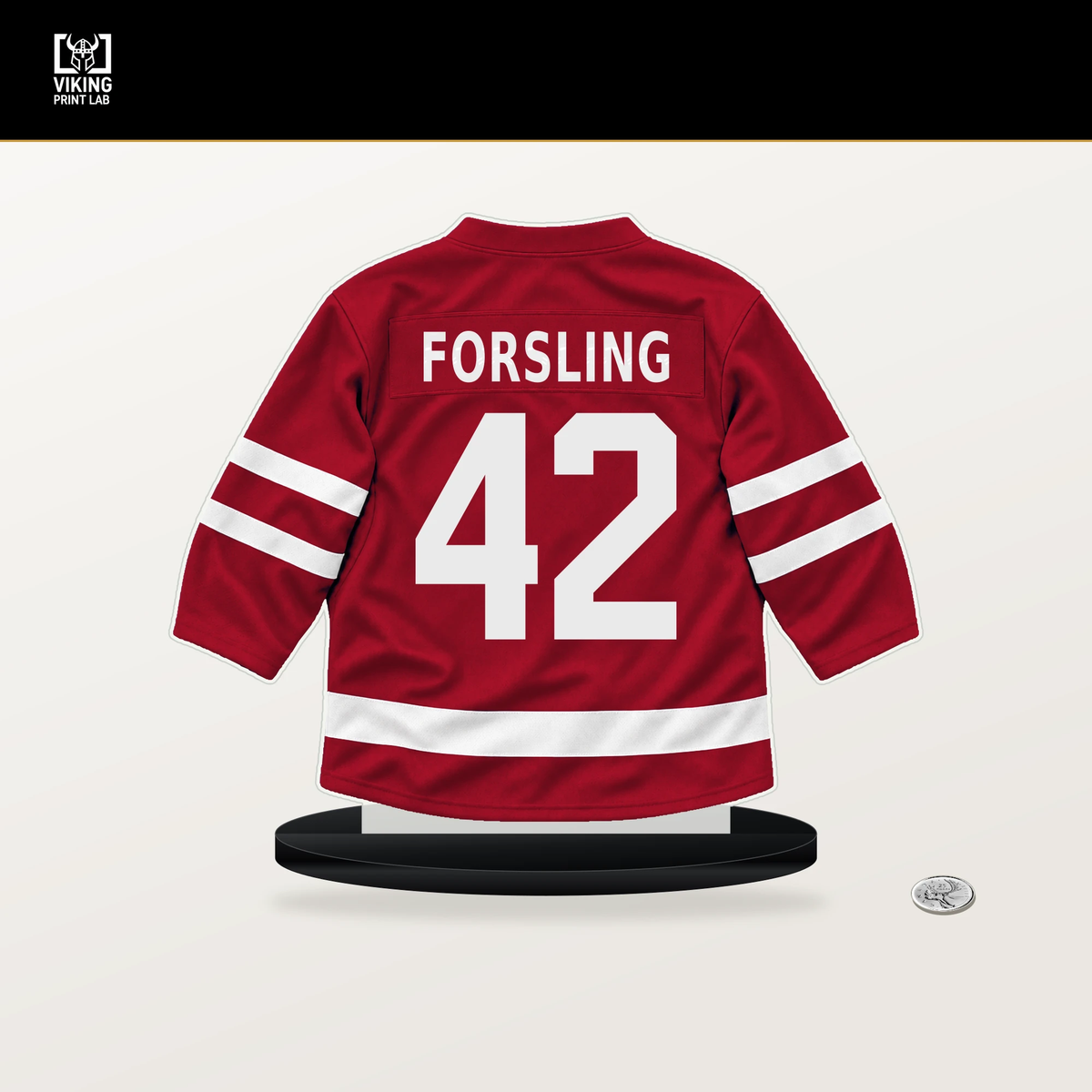 Gustav Forsling number 42 Florida Panthers jersey stand with included black base.
