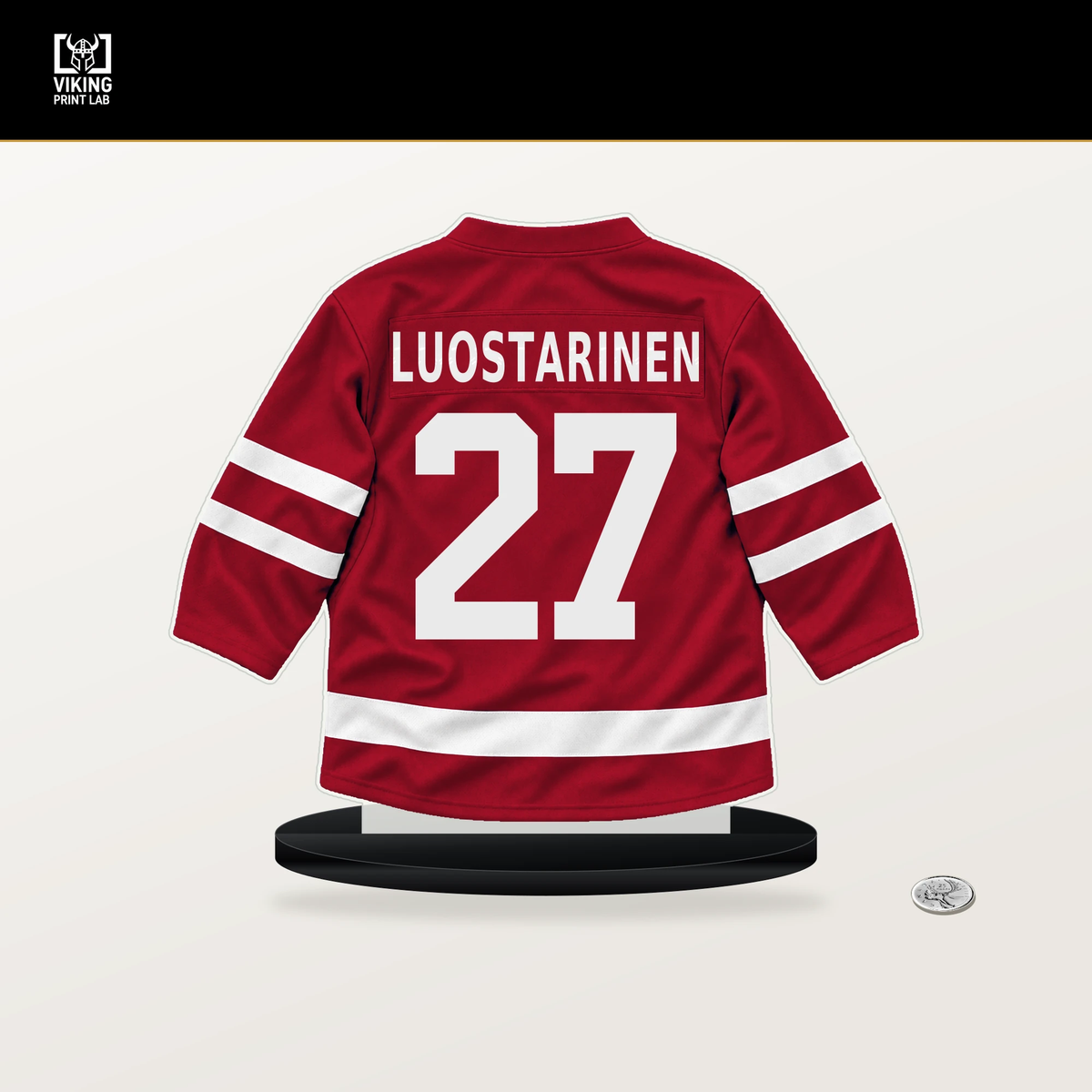 Eetu Luostarinen number 27 Florida Panthers jersey stand with included black base.