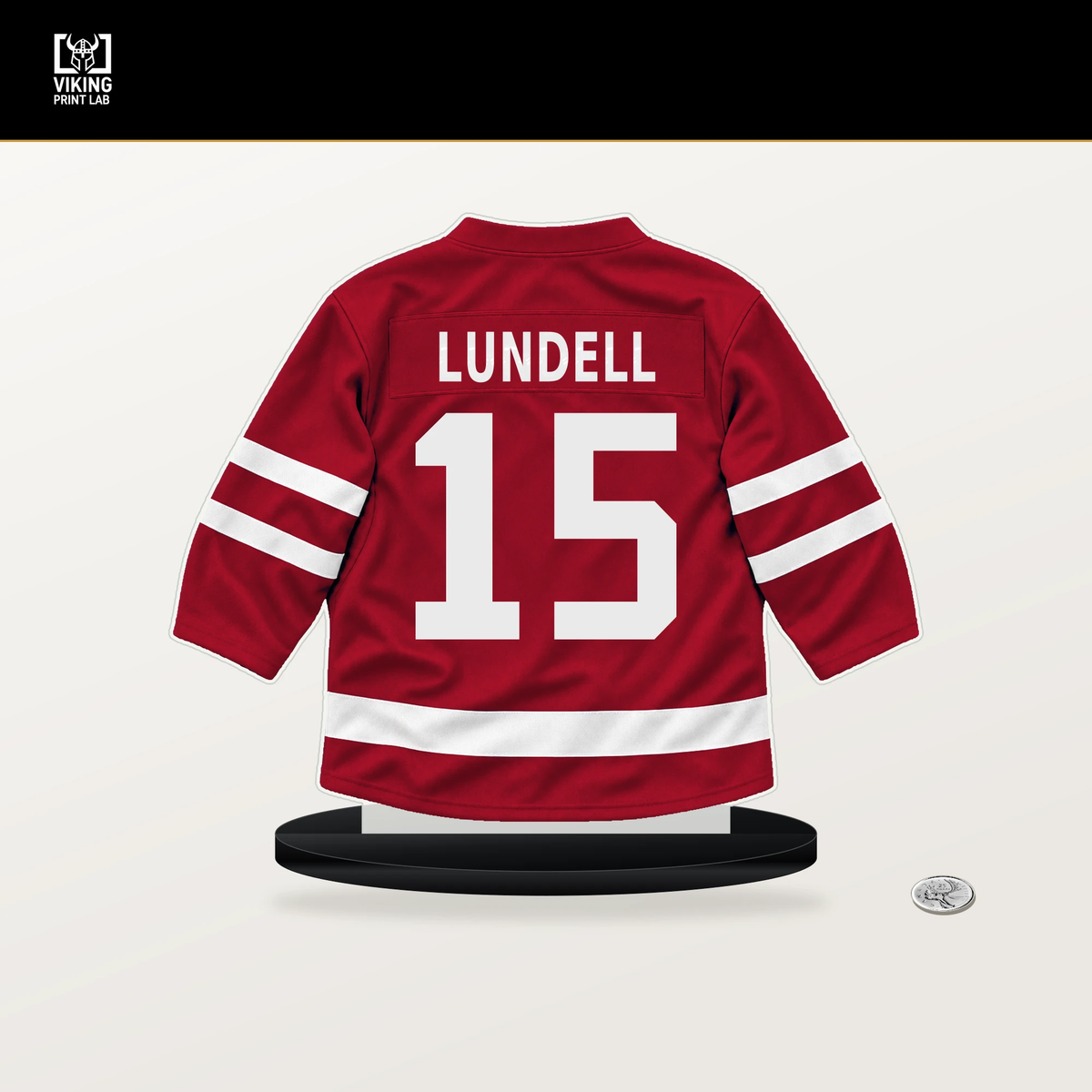 Anton Lundell number 15 Florida Panthers jersey stand with included black base.