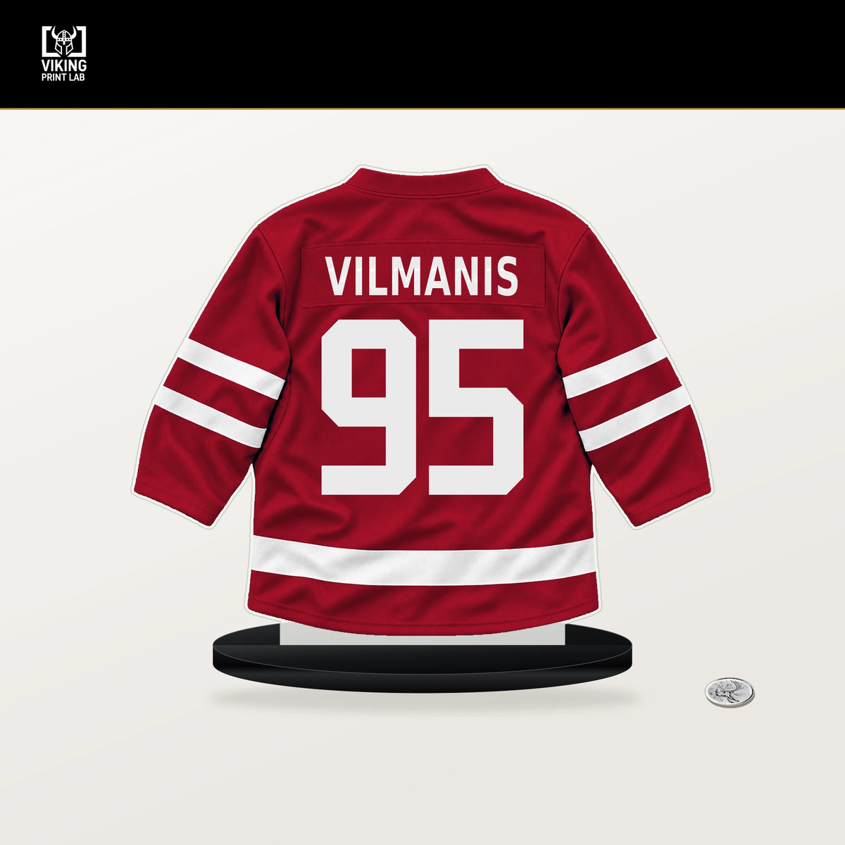 Sandis Vilmanis number 95 Florida Panthers jersey stand with included black base.