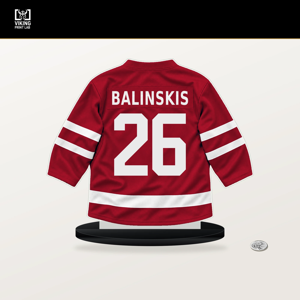Uvis Balinskis number 26 Florida Panthers jersey stand with included black base.