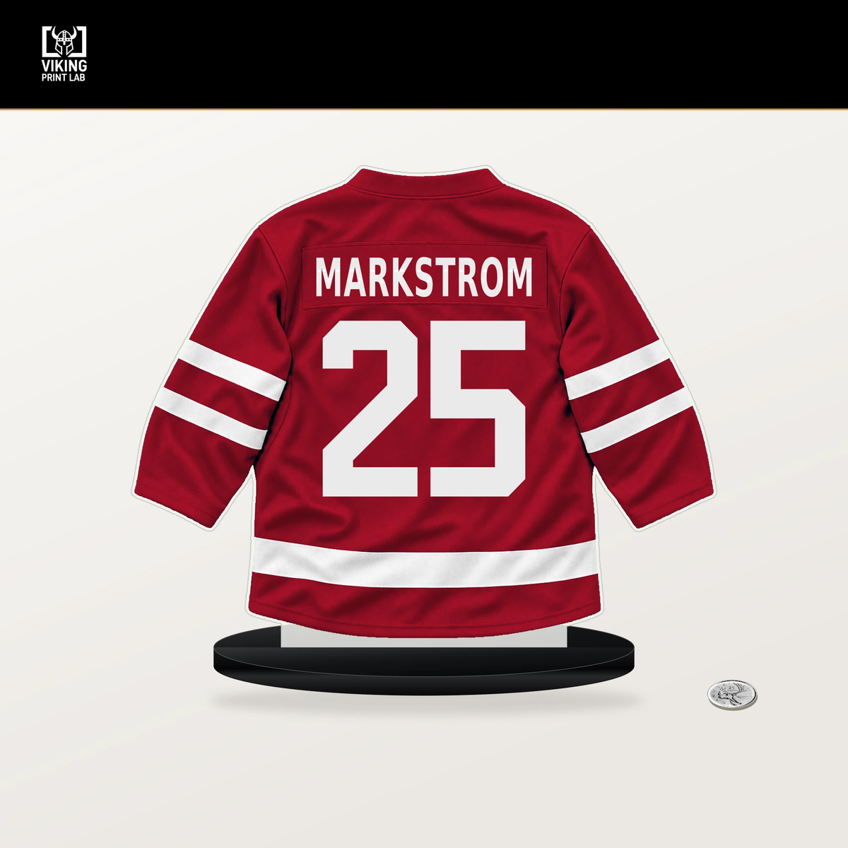 Jacob Markstrom number 25 Florida Panthers jersey stand with included black base.