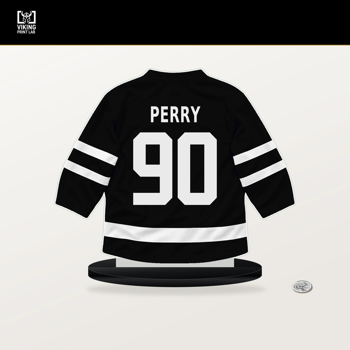 Corey Perry number 90 Los Angeles Kings jersey stand with included black base.