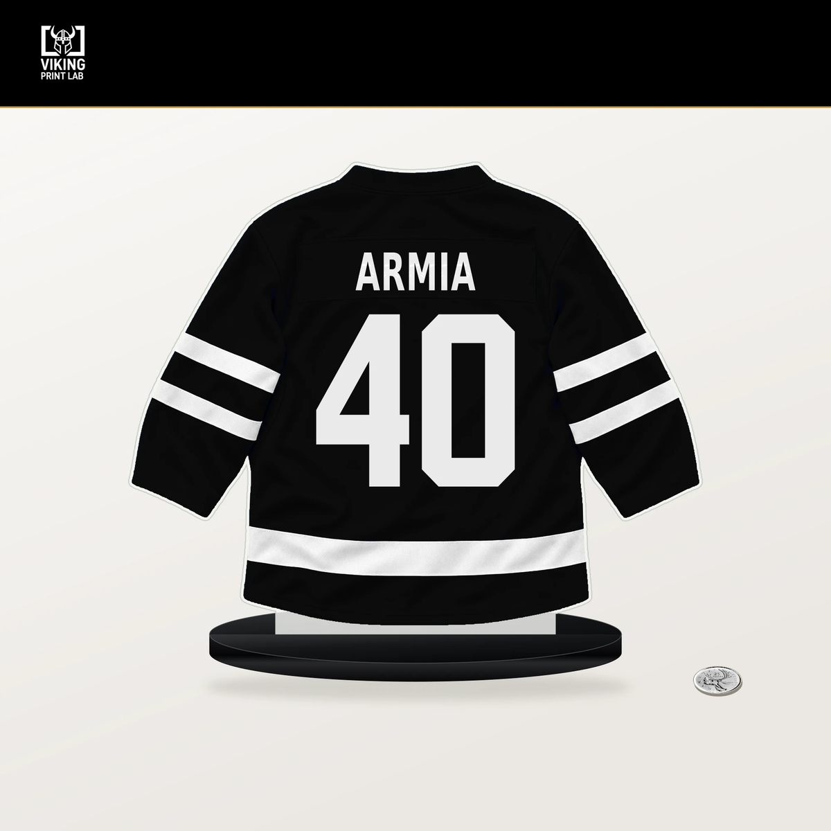 Joel Armia number 40 Los Angeles Kings jersey stand with included black base.