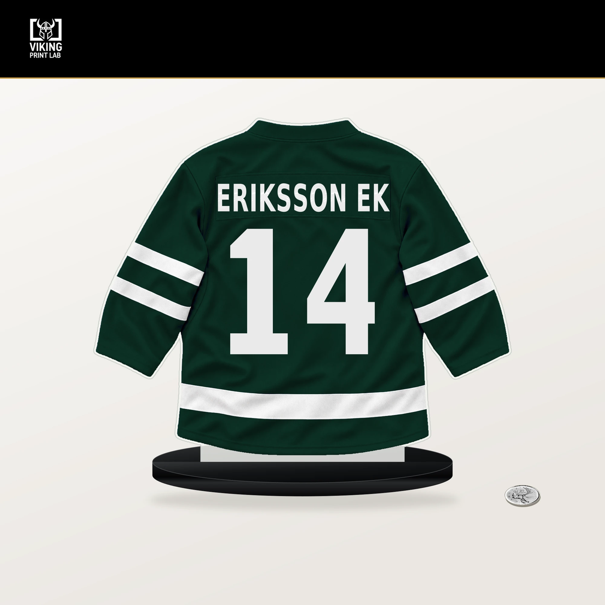 Joel Eriksson Ek number 14 Minnesota Wild jersey stand with included black base.