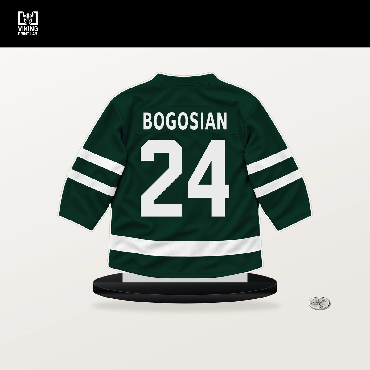 Zach Bogosian number 24 Minnesota Wild jersey stand with included black base.