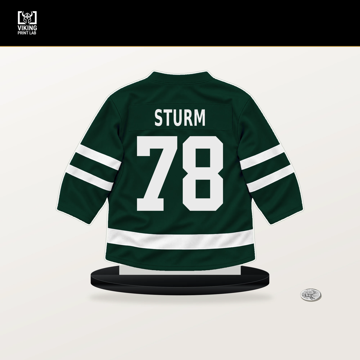 Nico Sturm number 78 Minnesota Wild jersey stand with included black base.