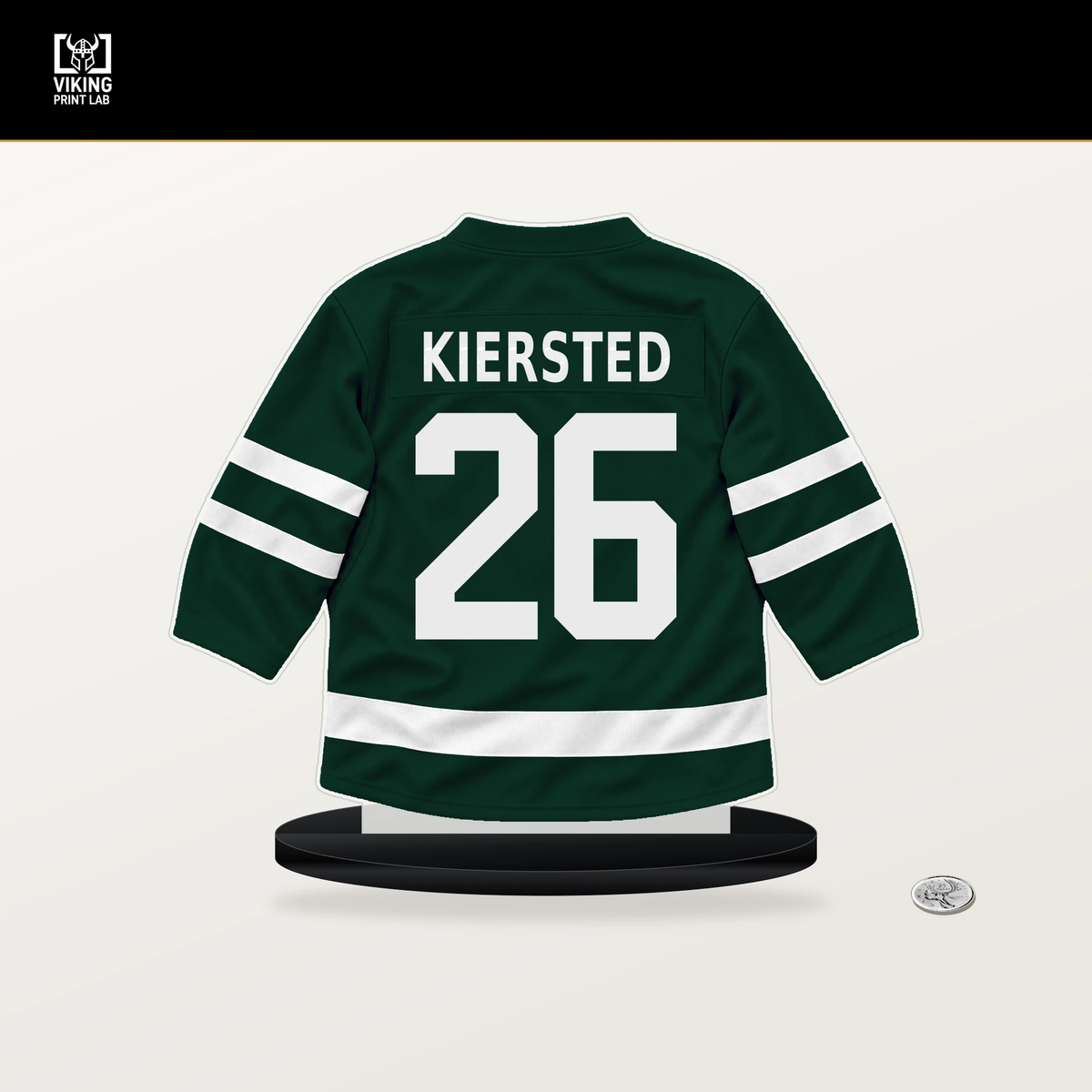 Matt Kiersted number 26 Minnesota Wild jersey stand with included black base.