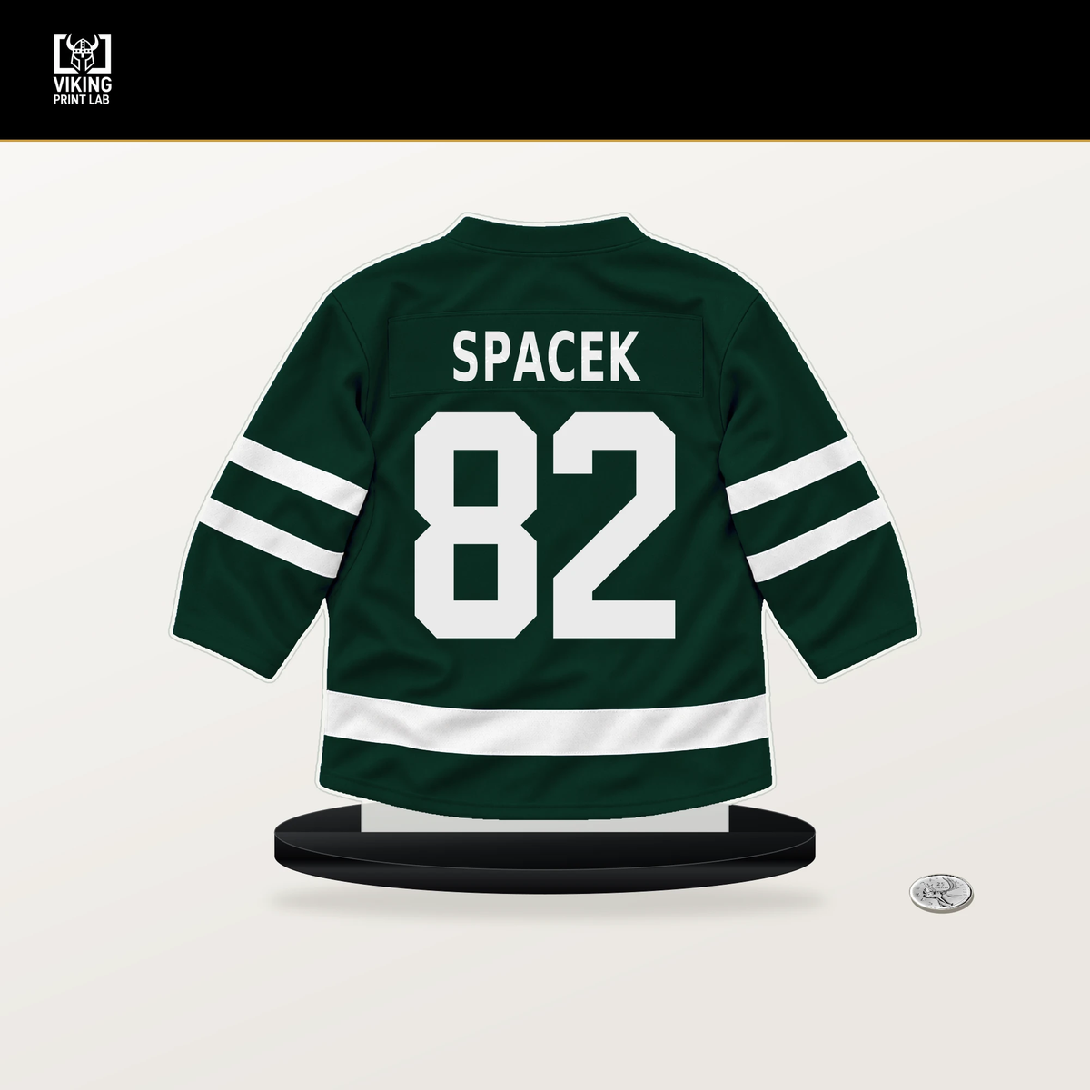 David Spacek number 82 Minnesota Wild jersey stand with included black base.