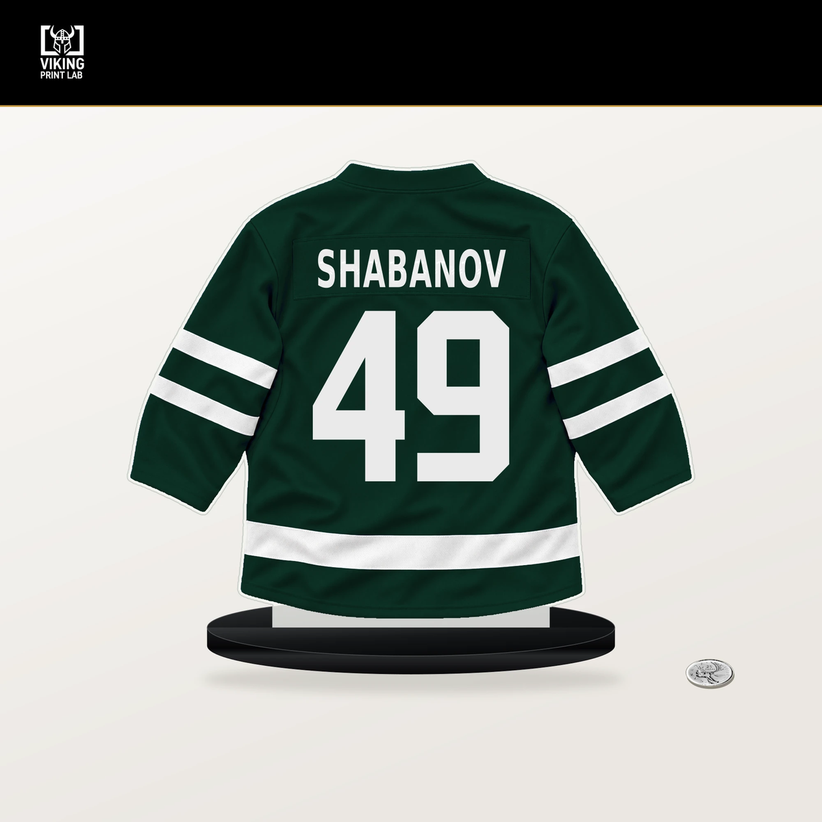 Maxim Shabanov number 49 Minnesota Wild jersey stand with included black base.