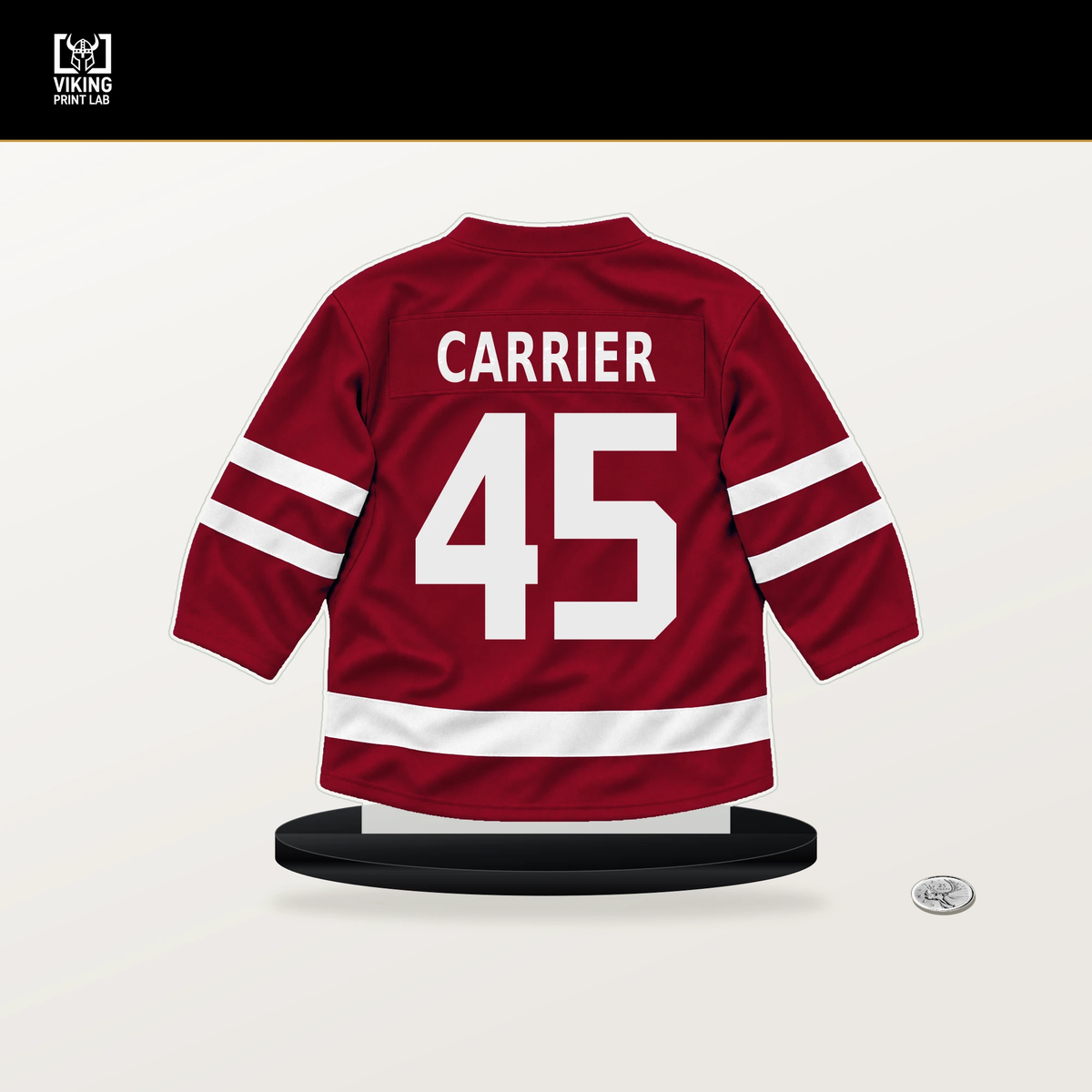 Alexandre Carrier number 45 Montreal Canadiens jersey stand with included black base.