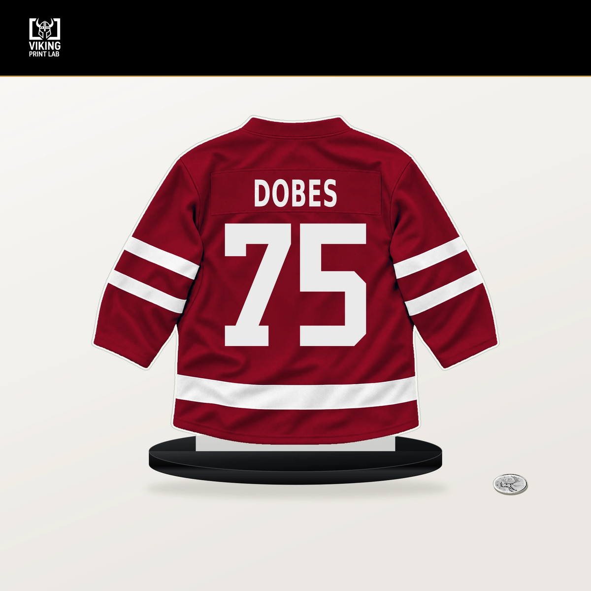Jakub Dobes number 75 Montreal Canadiens jersey stand with included black base.