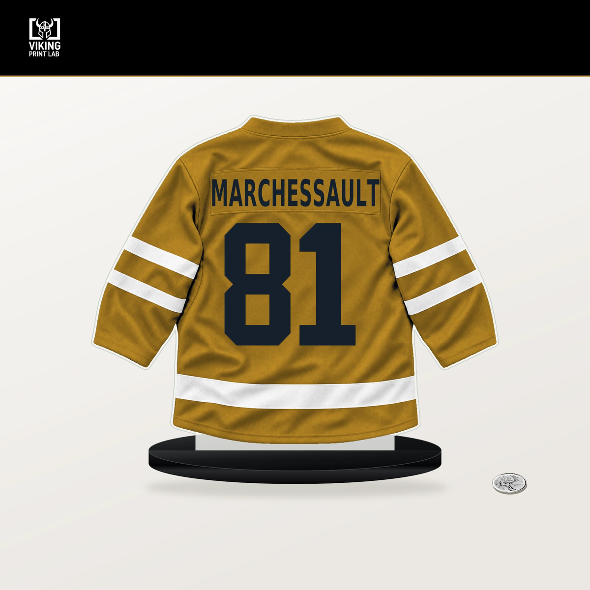 Jonathan Marchessault number 81 Nashville Predators jersey stand with included black base.