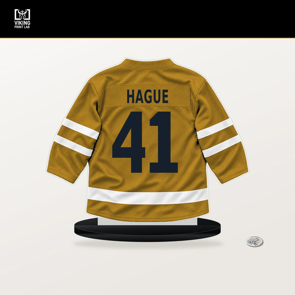 Nicolas Hague number 41 Nashville Predators jersey stand with included black base.