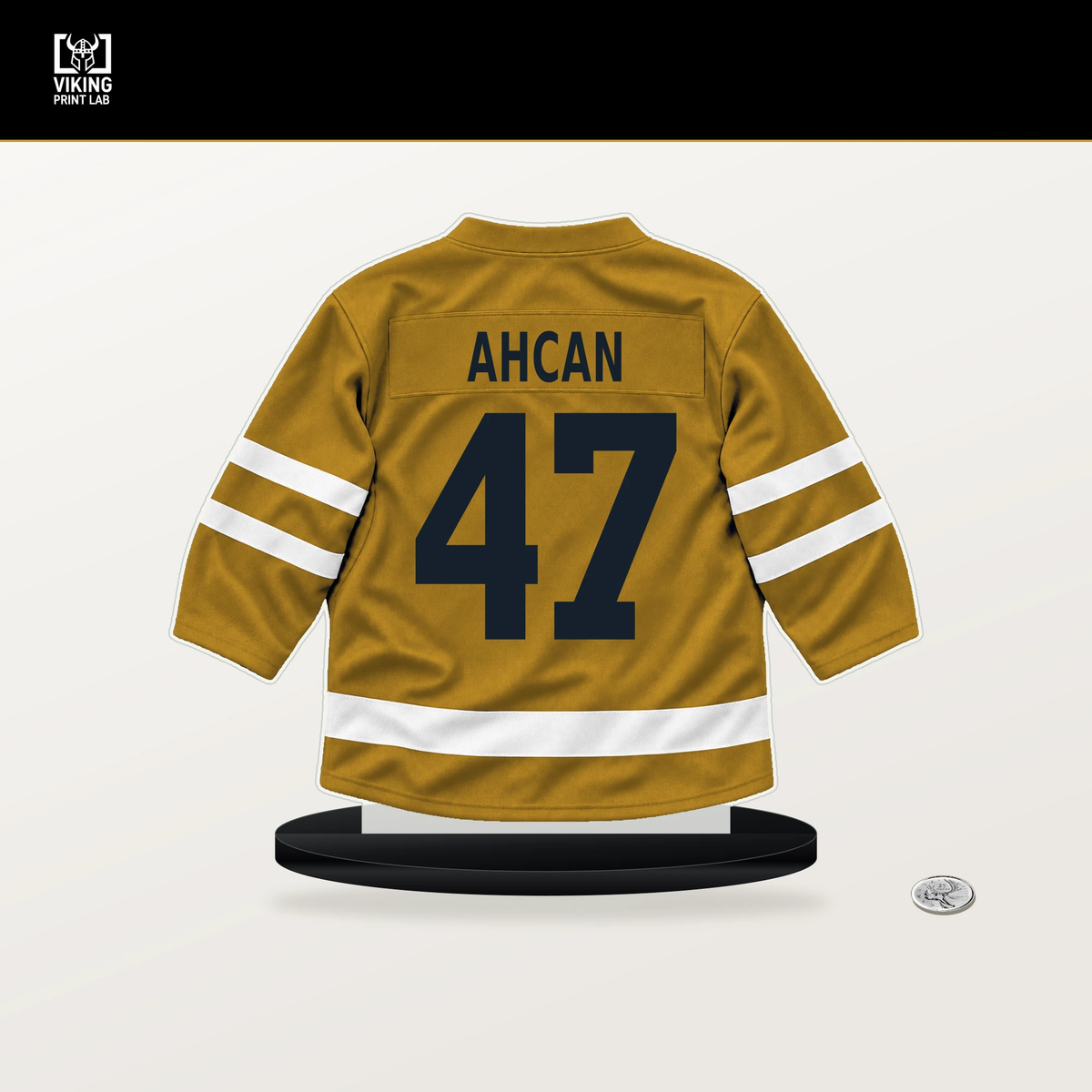 Jack Ahcan number 47 Nashville Predators jersey stand with included black base.