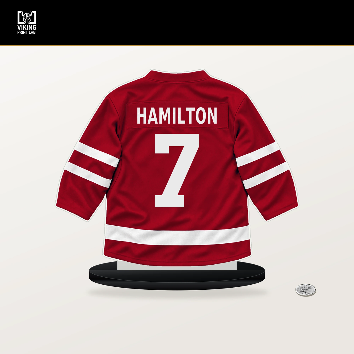 Dougie Hamilton number 7 New Jersey Devils jersey stand with included black base.
