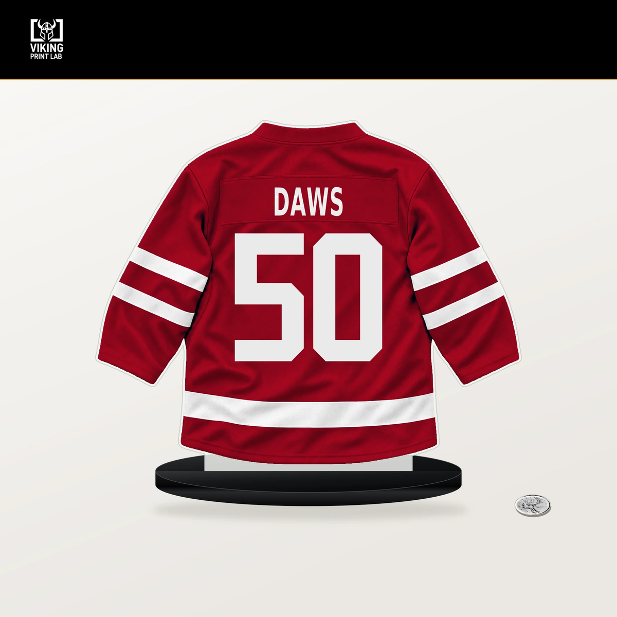 Nico Daws number 50 New Jersey Devils jersey stand with included black base.