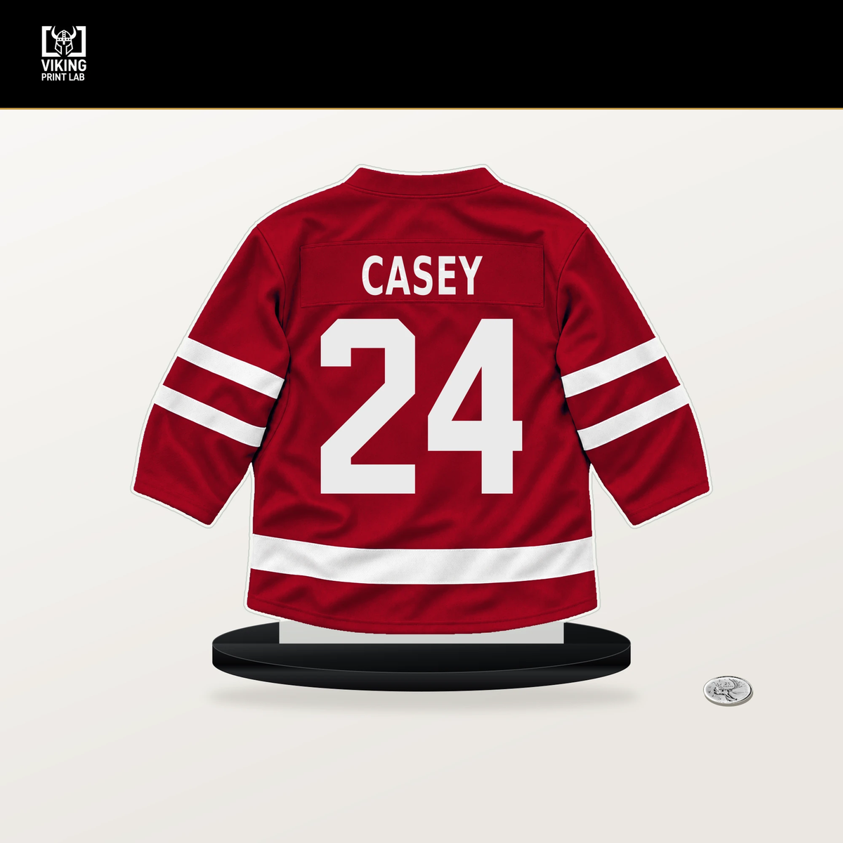 Seamus Casey number 24 New Jersey Devils jersey stand with included black base.