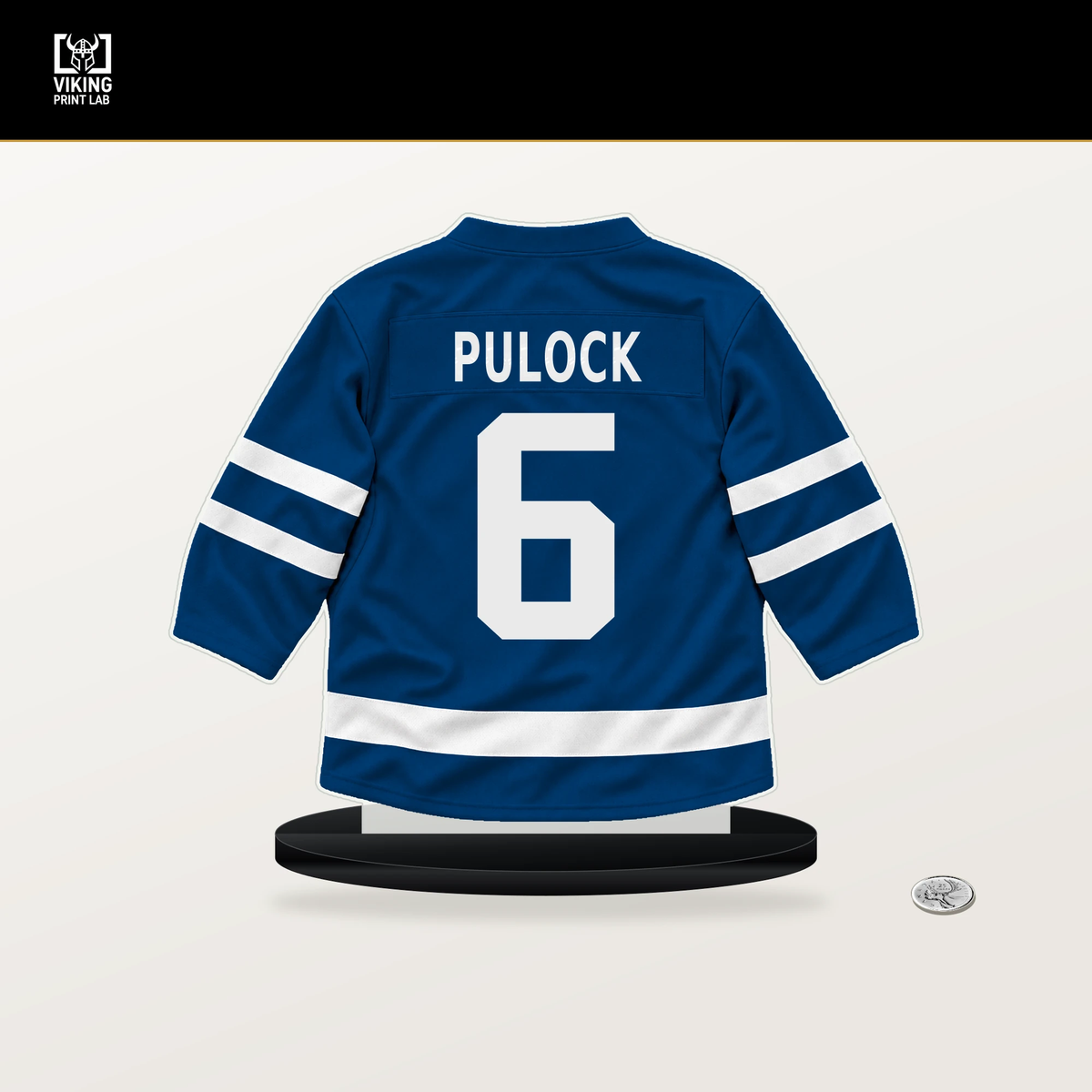 Ryan Pulock number 6 New York Islanders jersey stand with included black base.