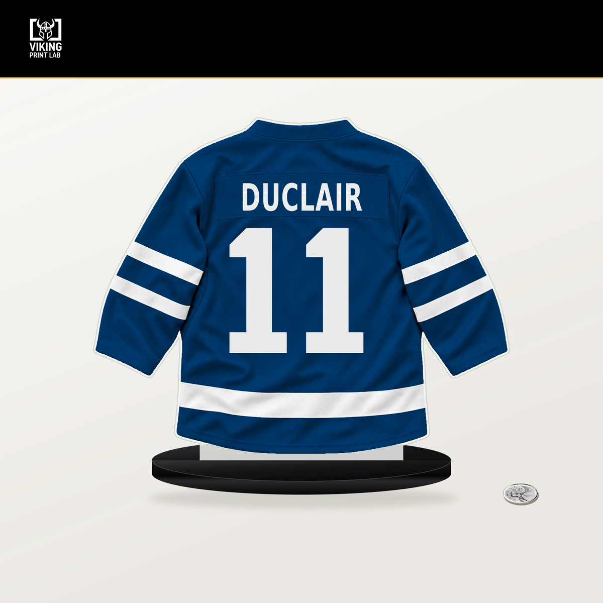 Anthony Duclair number 11 New York Islanders jersey stand with included black base.