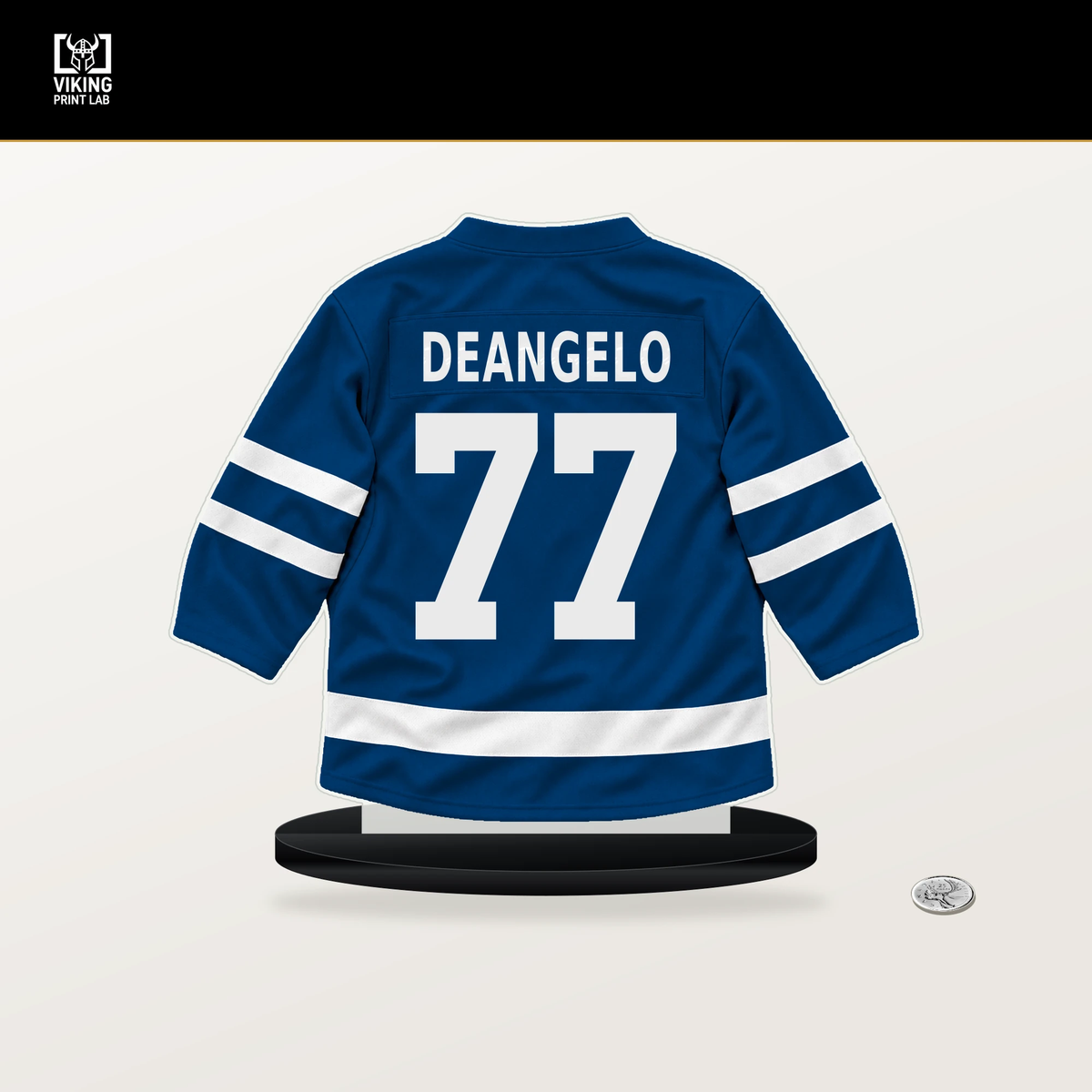 Tony DeAngelo number 77 New York Islanders jersey stand with included black base.