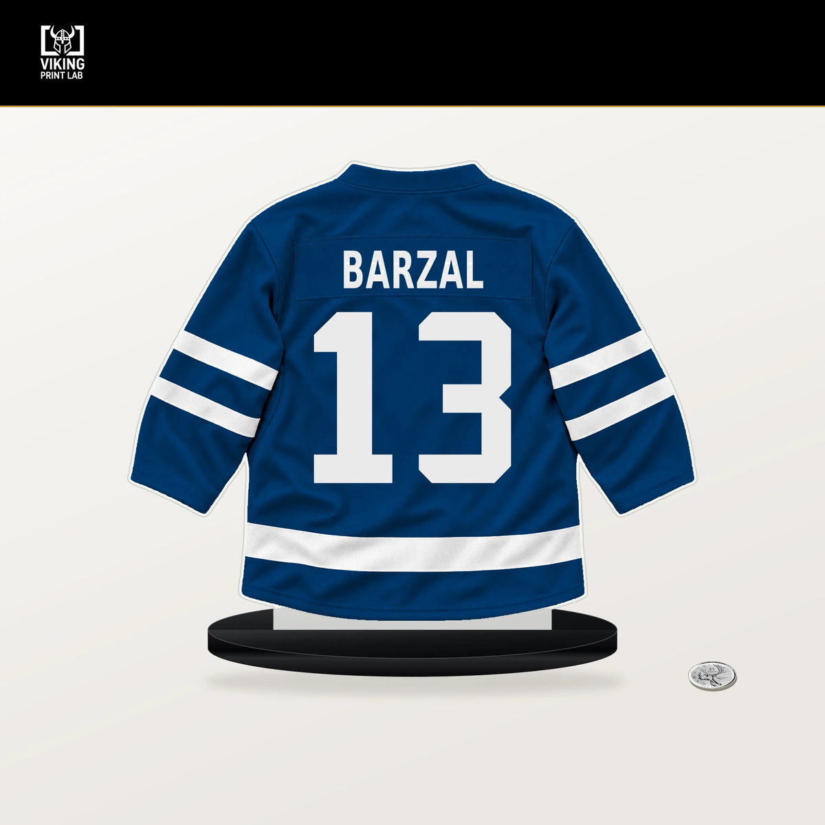 Mathew Barzal number 13 New York Islanders jersey stand with included black base.