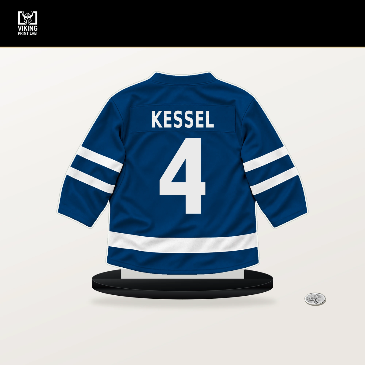 Matthew Kessel number 4 New York Islanders jersey stand with included black base.