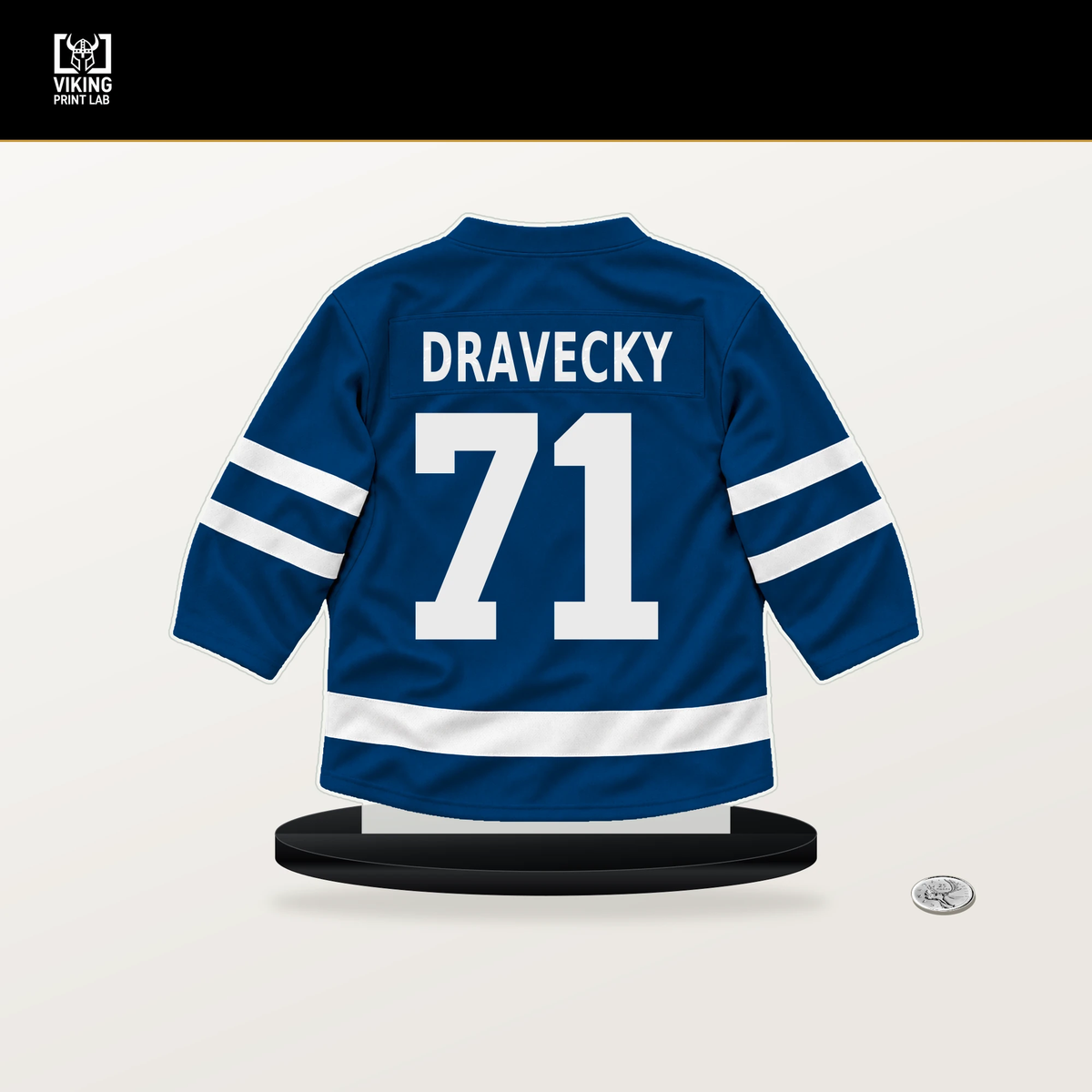 Vladimir Dravecky number 71 New York Islanders jersey stand with included black base.