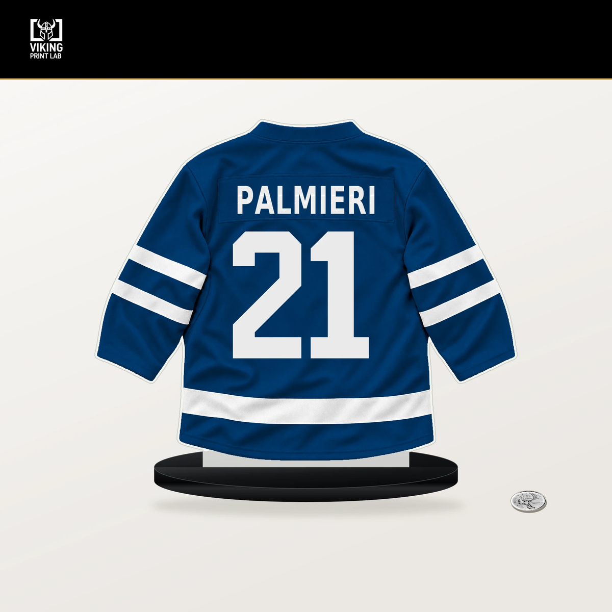 Kyle Palmieri number 21 New York Islanders jersey stand with included black base.