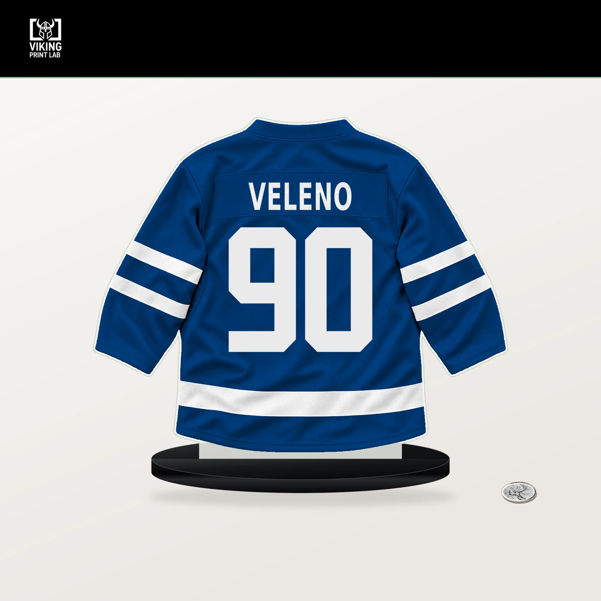 Joe Veleno number 90 New York Rangers jersey stand with included black base.