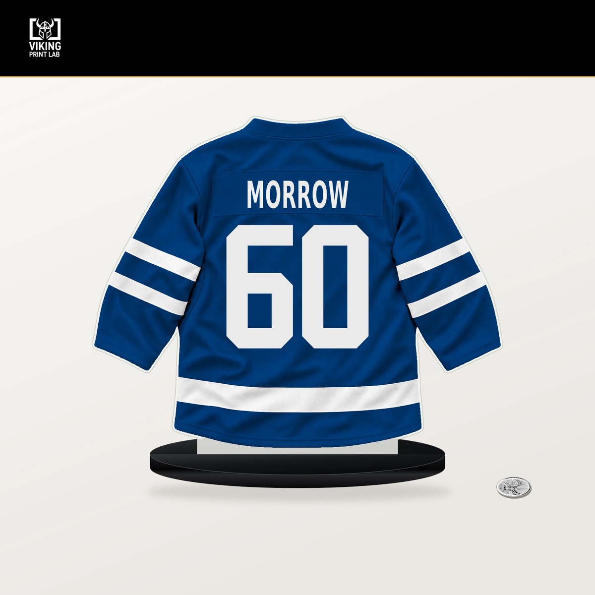 Scott Morrow number 60 New York Rangers jersey stand with included black base.