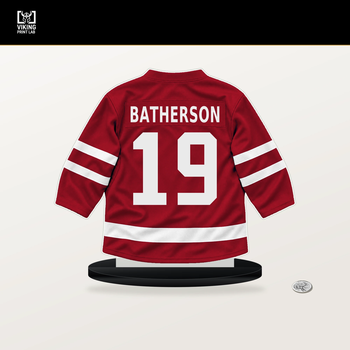Drake Batherson number 19 Ottawa Senators jersey stand with included black base.