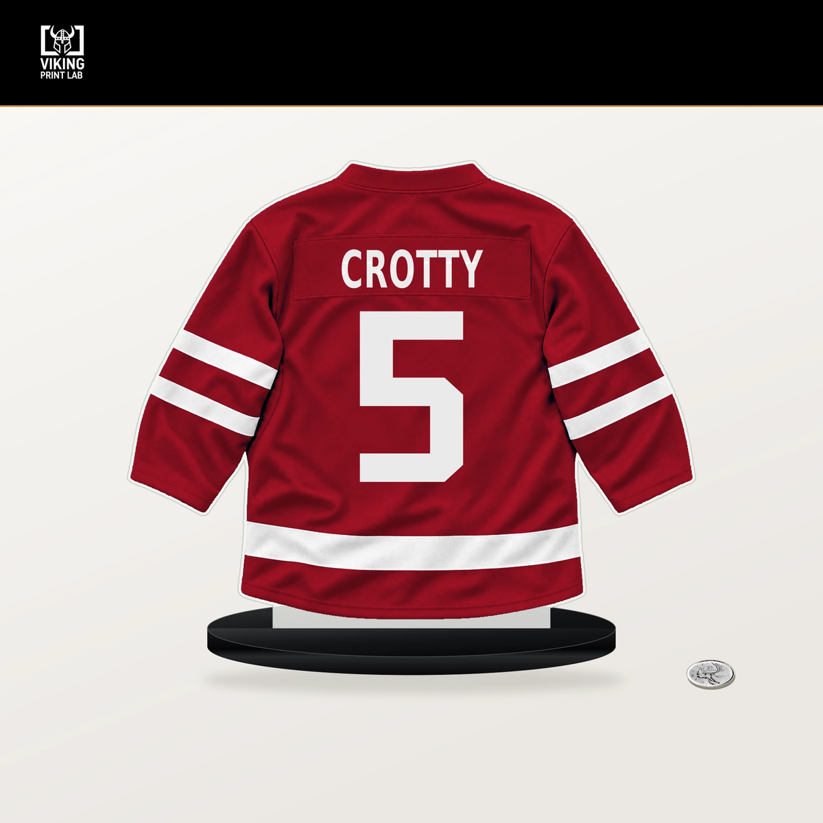 Cameron Crotty number 5 Ottawa Senators jersey stand with included black base.