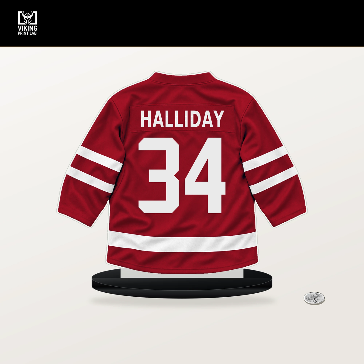 Stephen Halliday number 34 Ottawa Senators jersey stand with included black base.