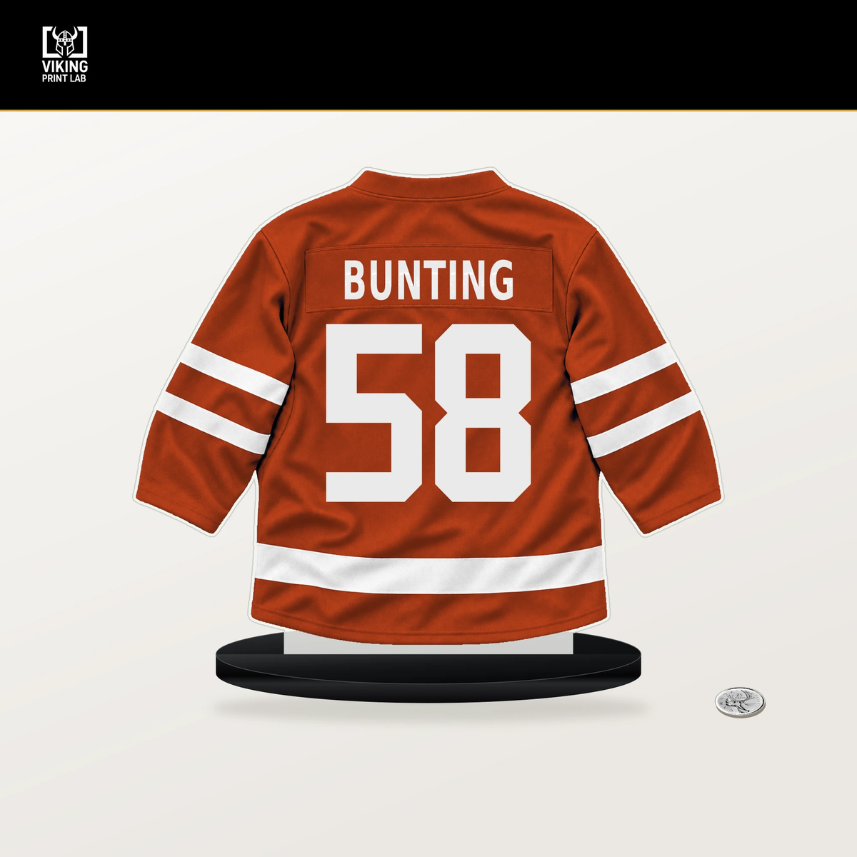 Michael Bunting number 58 Philadelphia Flyers jersey stand with included black base.