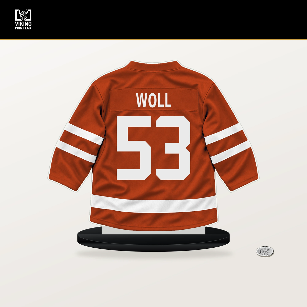 Joseph Woll number 53 Philadelphia Flyers jersey stand with included black base.