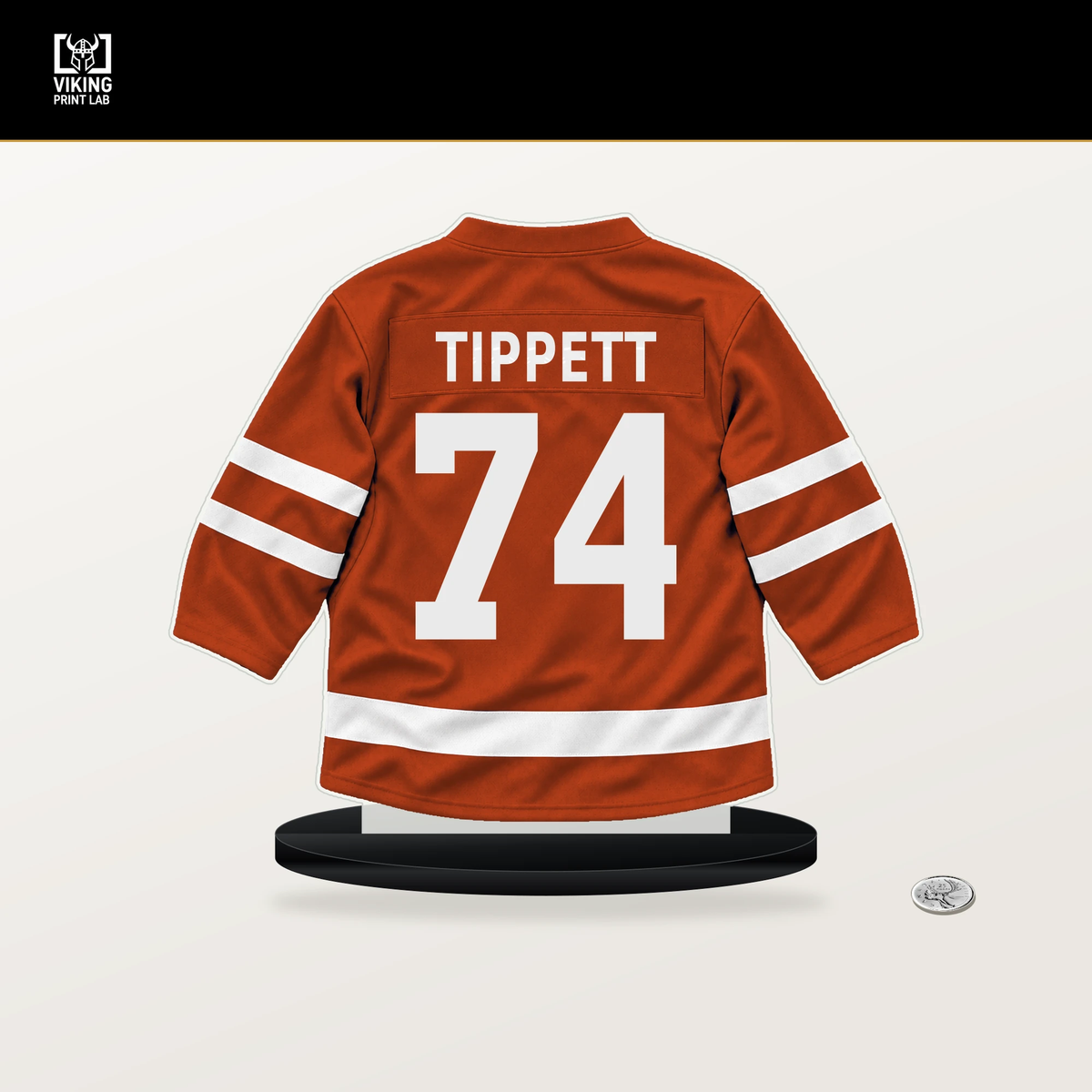 Owen Tippett number 74 Philadelphia Flyers jersey stand with included black base.