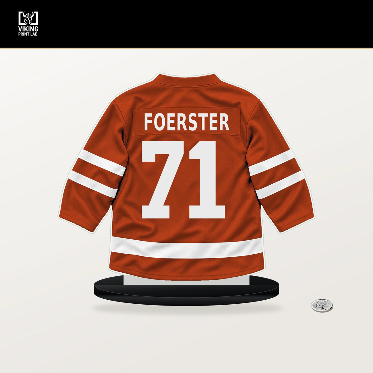 Tyson Foerster number 71 Philadelphia Flyers jersey stand with included black base.