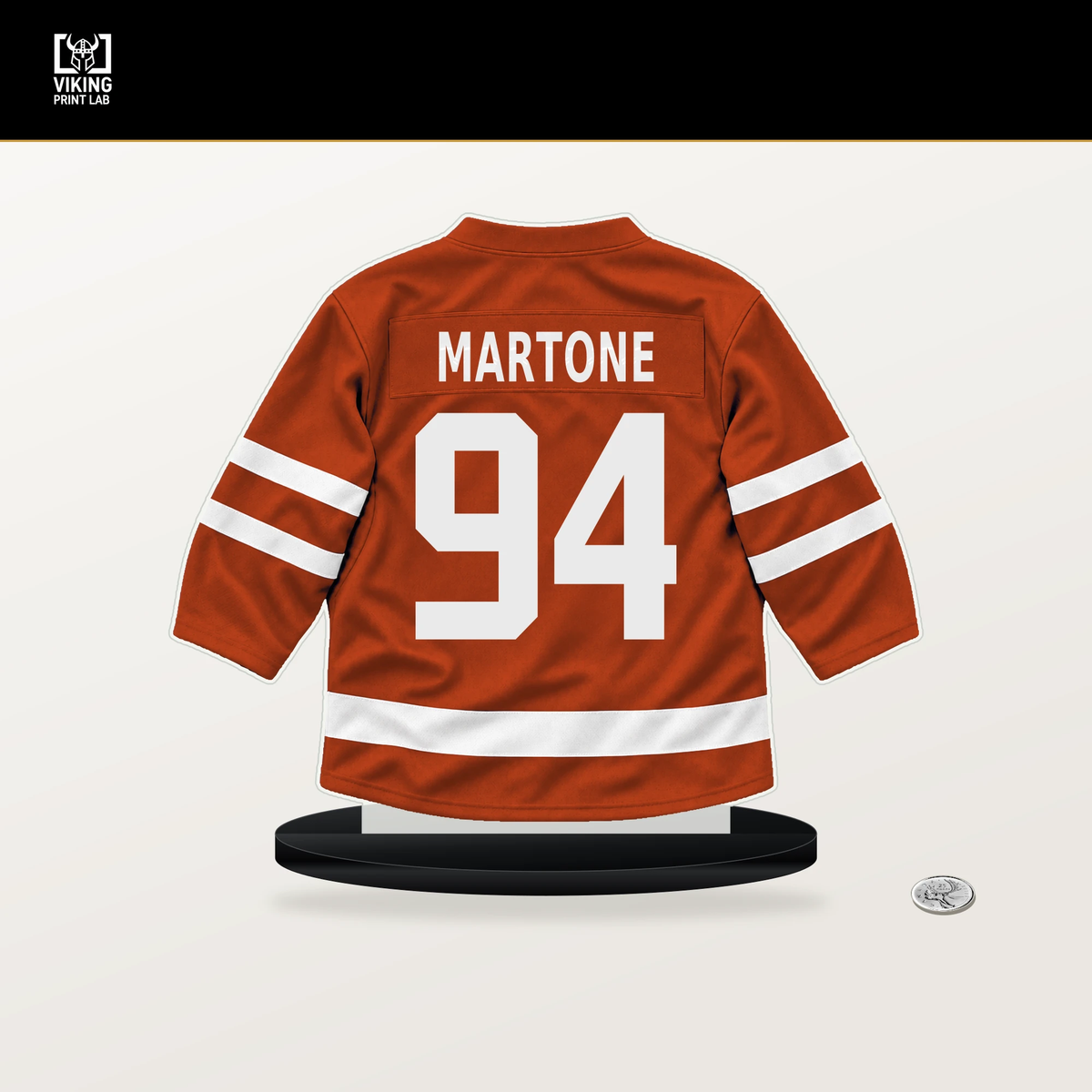 Porter Martone number 94 Philadelphia Flyers jersey stand with included black base.