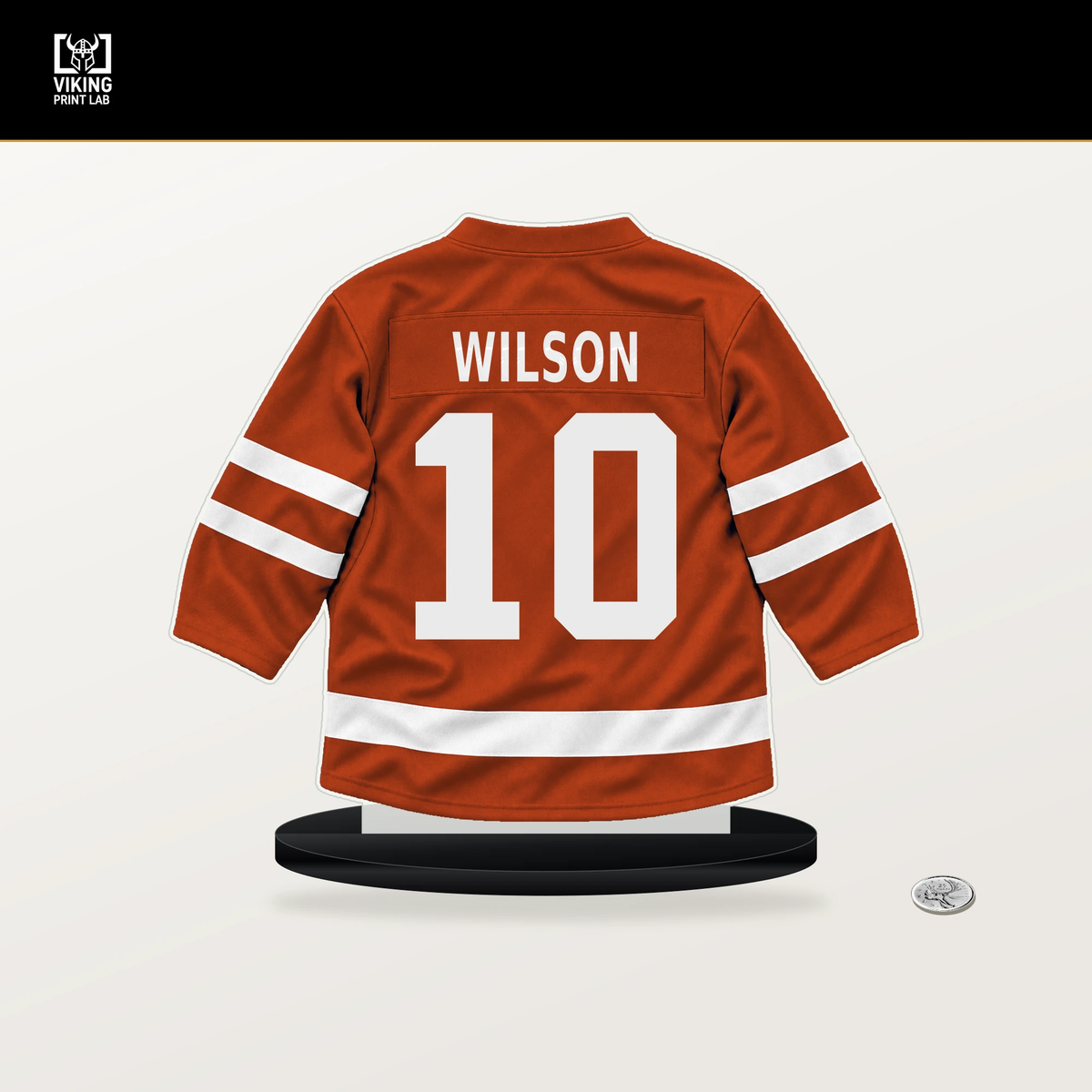 Garrett Wilson number 10 Philadelphia Flyers jersey stand with included black base.