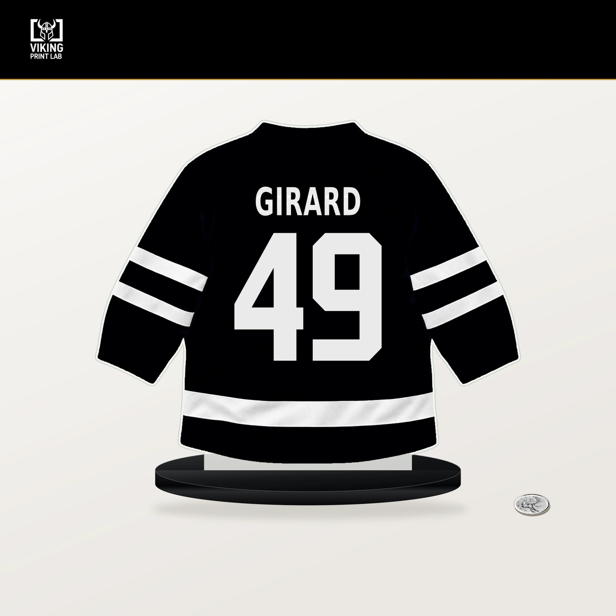 Samuel Girard number 49 Pittsburgh Penguins jersey stand with included black base.