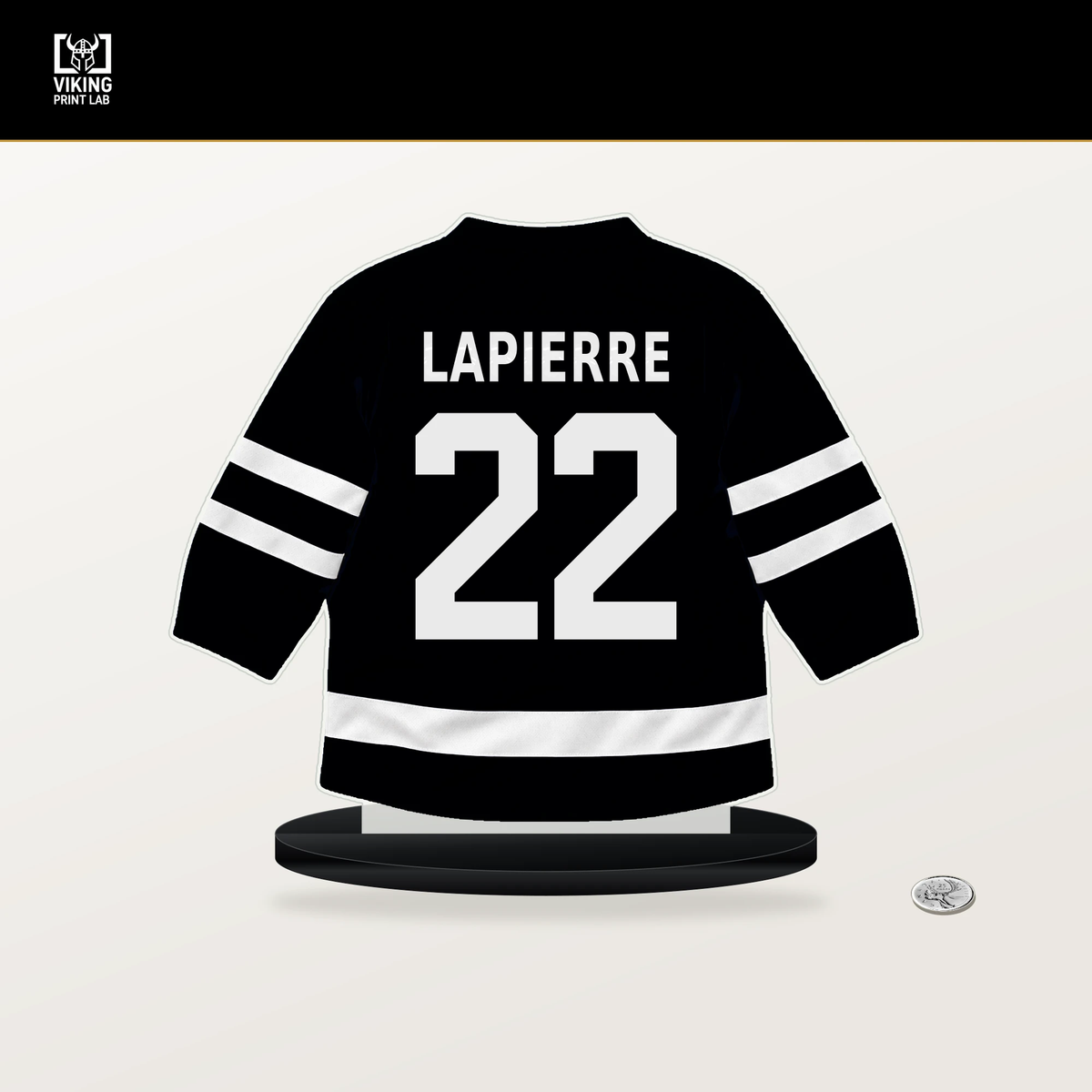 Hendrix Lapierre number 22 Pittsburgh Penguins jersey stand with included black base.