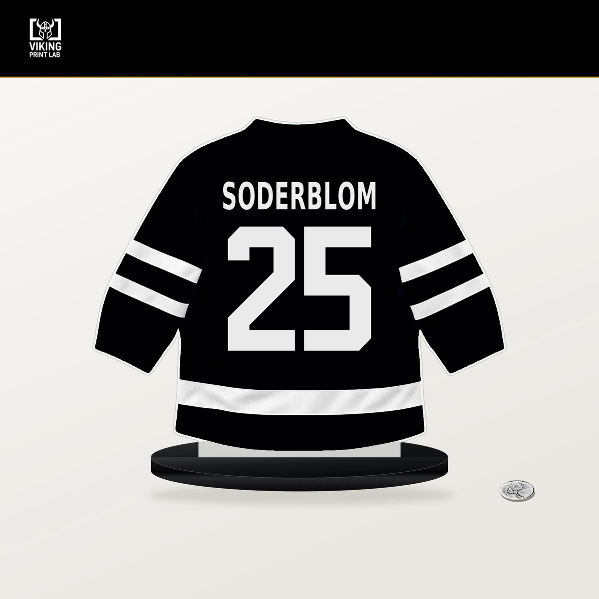 Elmer Soderblom number 25 Pittsburgh Penguins jersey stand with included black base.