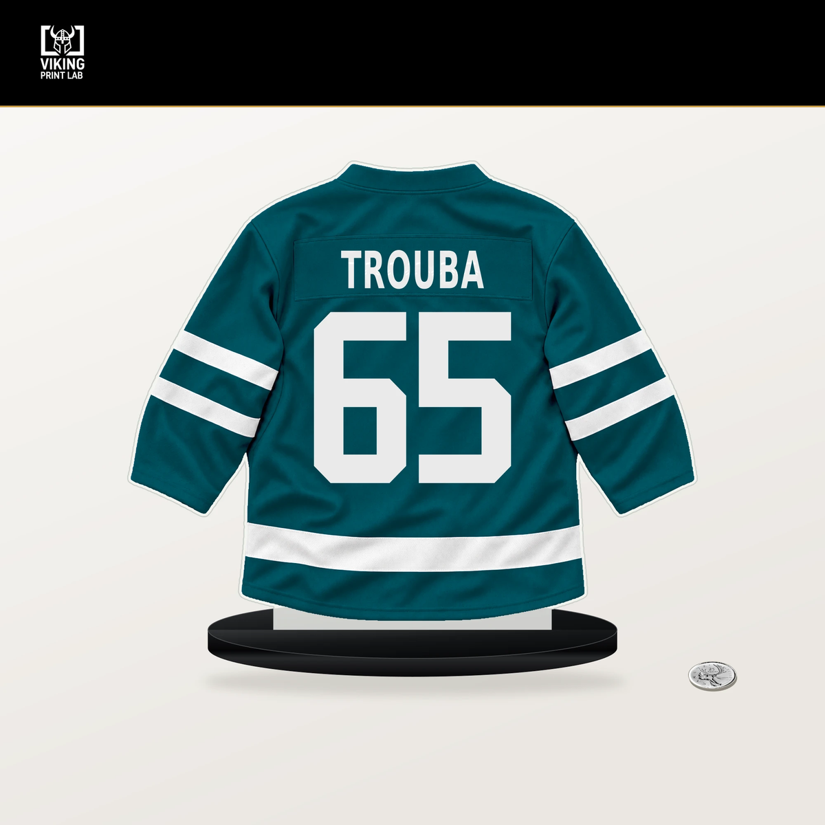 Jacob Trouba number 65 San Jose Sharks jersey stand with included black base.